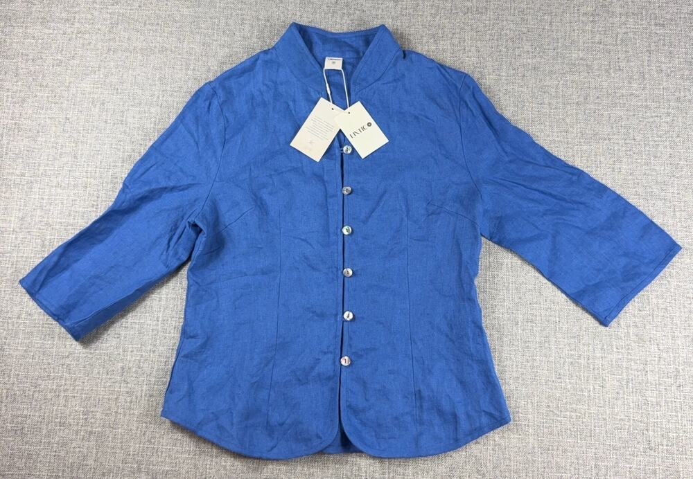 LINTICO 100% Linen Blue Button Front Blouse NWT Women’s 3/4 Sleeve